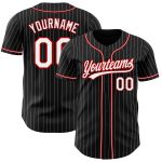 Personalized Authentic Baseball Jersey in Black White Pinstripe with White-Red Accents Personalized Black White Pinstripe