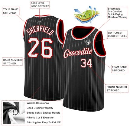 Personalized Black White Red Basketball Jersey with Pinstripe Design Personalized Black White Pinstripe White-Red Basketball