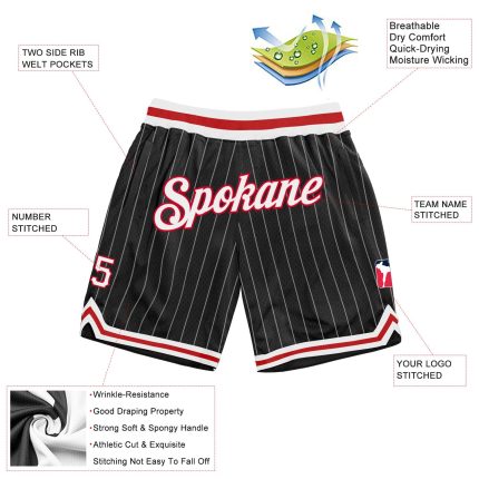 Personalized Black White Pinstripe Basketball Shorts Red Trim for Men and Women Personalized Black White Pinstripe White-Red