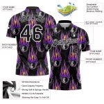 Personalized 3D Bowling Ball Hotrod Flame Performance Polo Shirt in Black and Purple Personalized Black White-Purple 3D Bowling