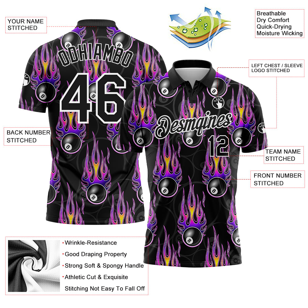 Personalized 3D Bowling Ball Hotrod Flame Performance Polo Shirt in Black and Purple Personalized Black White-Purple 3D Bowling - Image 3