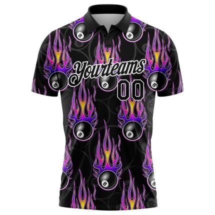 Personalized 3D Bowling Ball Hotrod Flame Performance Polo Shirt in Black and Purple Personalized Black White-Purple 3D Bowling