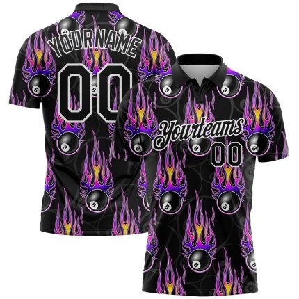 Personalized 3D Bowling Ball Hotrod Flame Performance Polo Shirt in Black and Purple Personalized Black White-Purple 3D Bowling