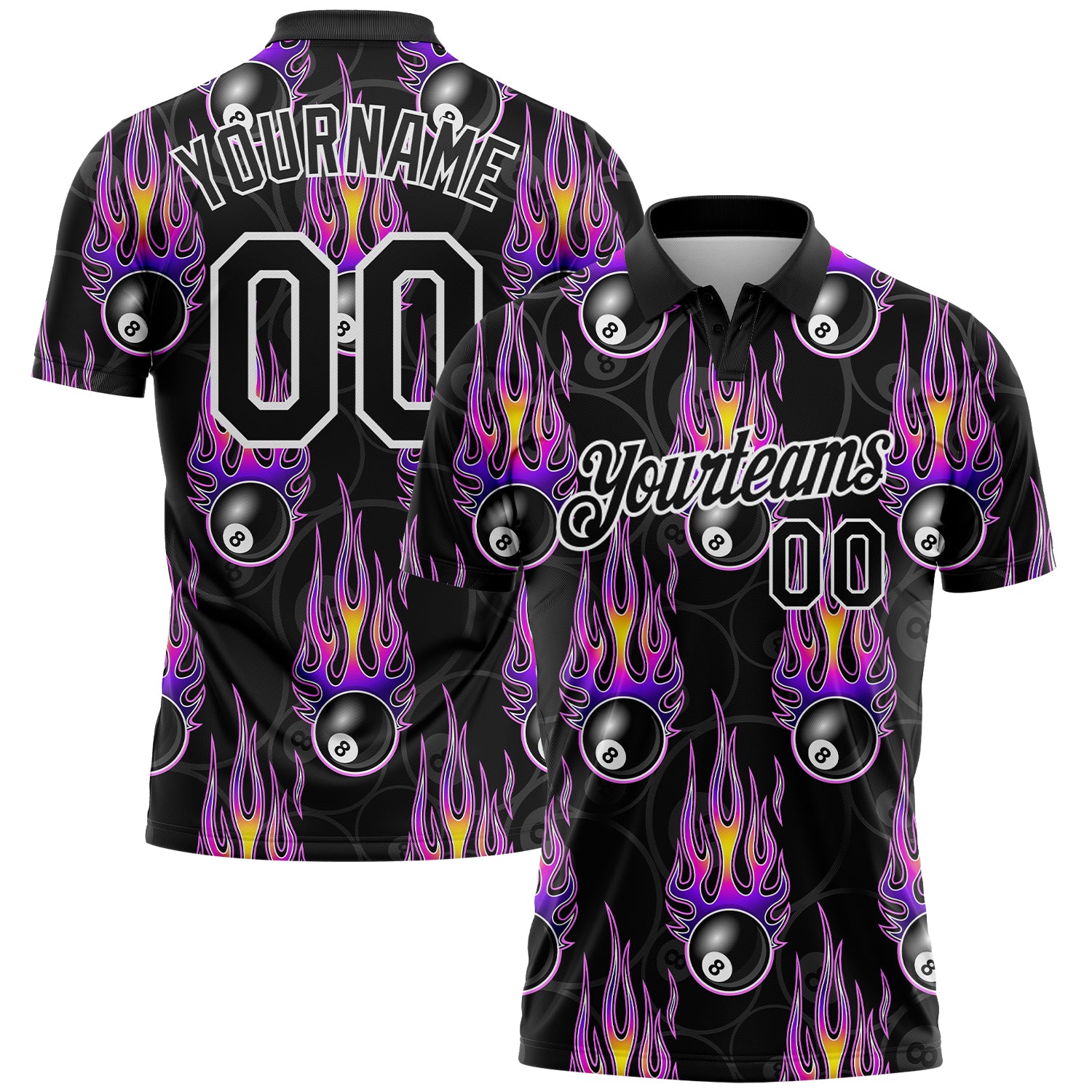 Custom Team Name 3D Pattern Bowling Ball & Hotrod Flame Performance Polo Shirt - Personalized Black White Purple Design Personalized