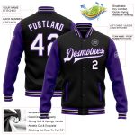 Personalized Two Tone Black White Purple Bomber Varsity Jacket Full-Snap Letterman Personalized Black White-Purple Bomber