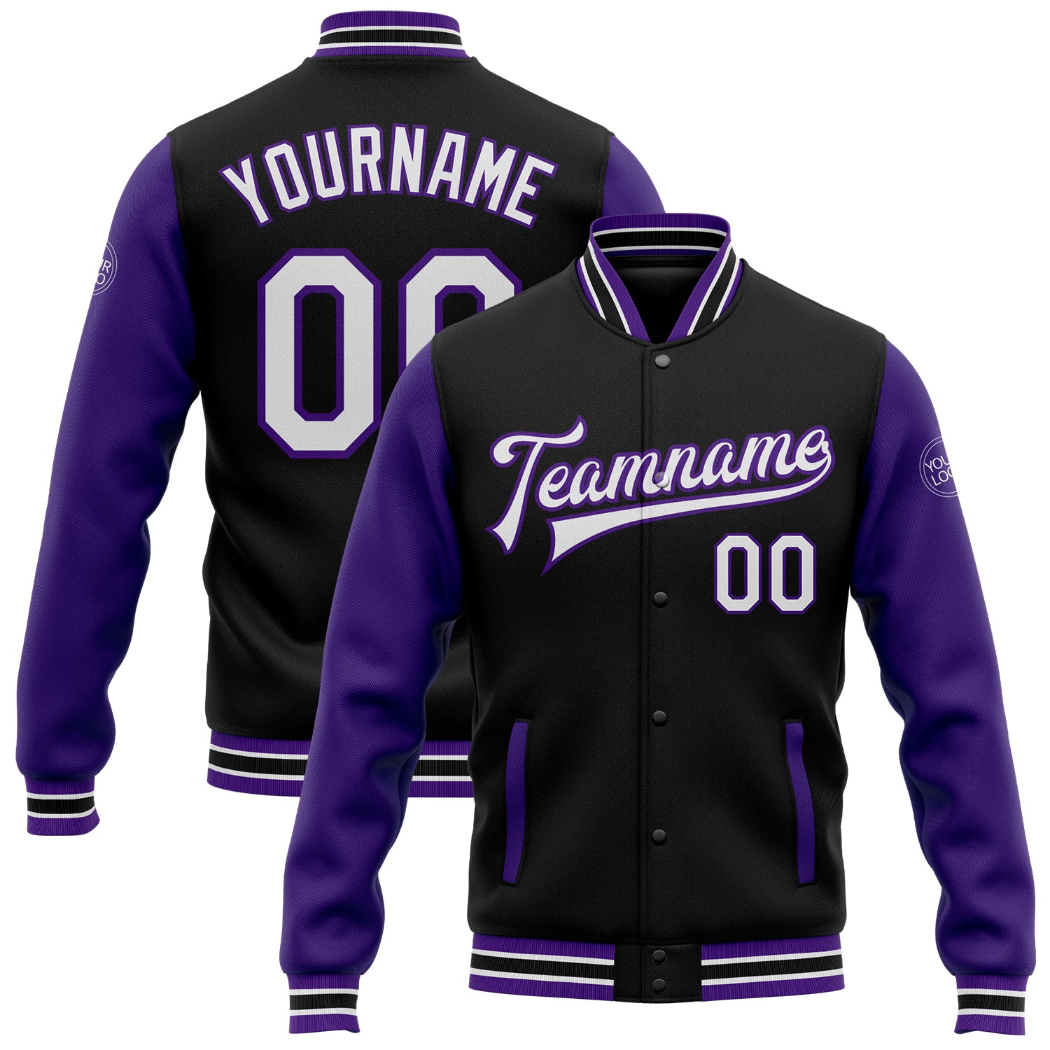 Custom Team Name and Number Two Tone Black White Purple Bomber Full-Snap Varsity Letterman Jacket Personalized Black White-Purple