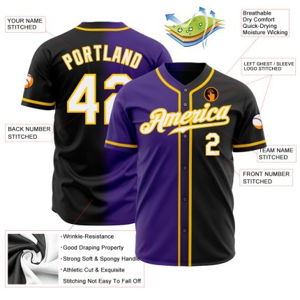 Customizable Gradient Fashion Baseball Jersey - Authentic Black White Purple Gold with Team Name & Number Personalized Black