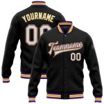 Personalized Varsity Letterman Jacket Black White Purple Gold Full-Snap Bomber Personalized Black White Purple-Gold Bomber