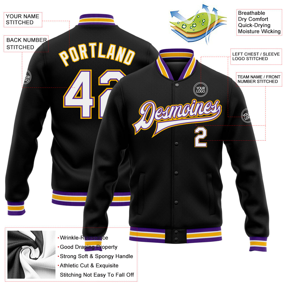 Personalized Varsity Letterman Jacket Black White Purple Gold Full-Snap Bomber Personalized Black White Purple-Gold Bomber - Image 5