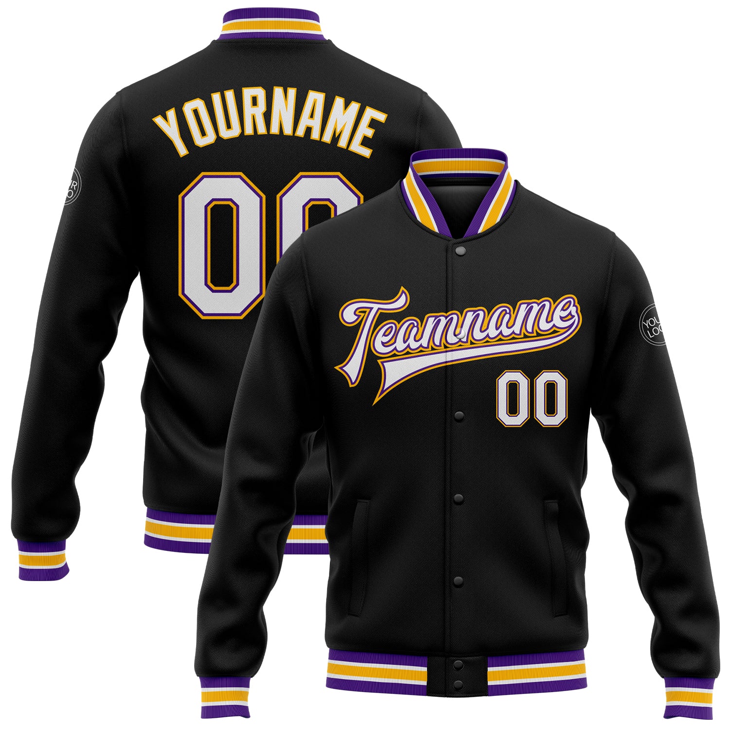 Custom Varsity Letterman Jacket with Name and Number - Personalized Black White Purple Gold Full-Snap Bomber Personalized
