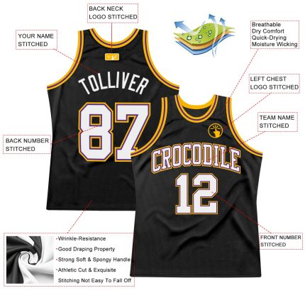 Personalized Basketball Jersey in Black White Purple Gold - Retro Style Sports Apparel Personalized Black White Purple-Gold