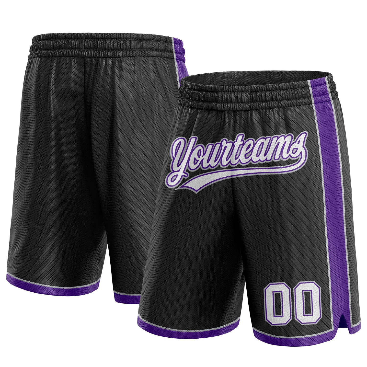 Custom Team Basketball Shorts in Black, White, Purple, and Gray with Name and Number - Authentic Sportswear Personalized