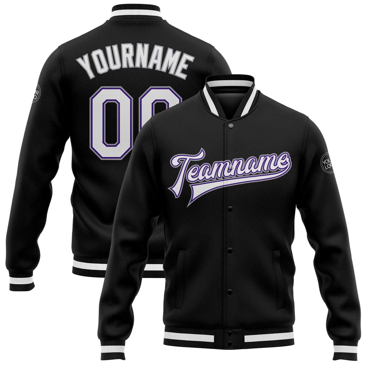 Custom Name and Number Varsity Letterman Jacket Black White Purple Gray Bomber Full-Snap Design Personalized Black White