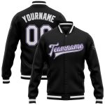 Personalized Varsity Letterman Jacket in Black White Purple Gray Full-Snap Bomber Design Personalized Black White Purple-Gray