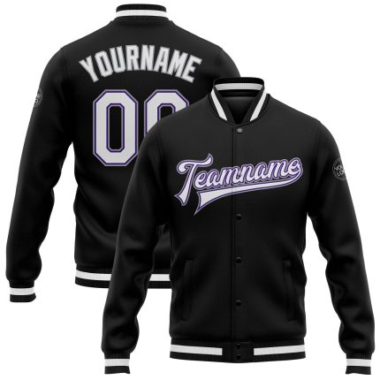 Personalized Varsity Letterman Jacket in Black White Purple Gray Full-Snap Bomber Design Personalized Black White Purple-Gray