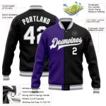 Personalized Varsity Bomber Jacket Black White Purple Gray Full-Snap Fashion Split Personalized Black White Purple-Gray Bomber