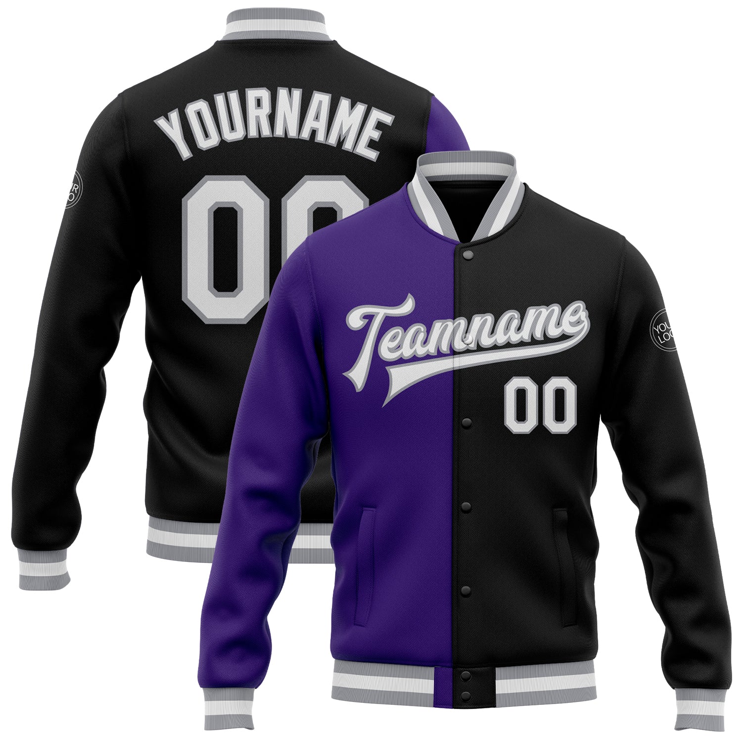 Customizable Bomber Jacket with Name & Number - Black White Purple Gray Varsity Letterman Split Fashion Style Personalized