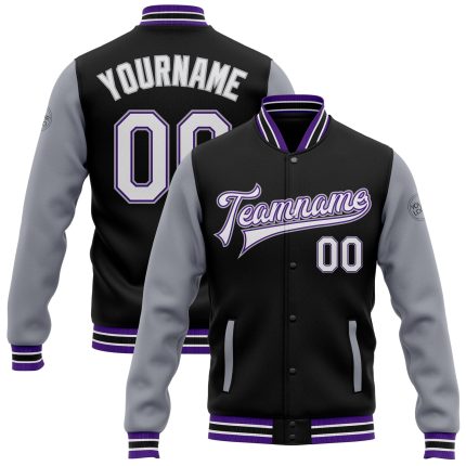 Personalized Varsity Letterman Bomber Jacket Black White Purple-Gray Full-Snap Two Tone Design Personalized Black White Purple-Gray