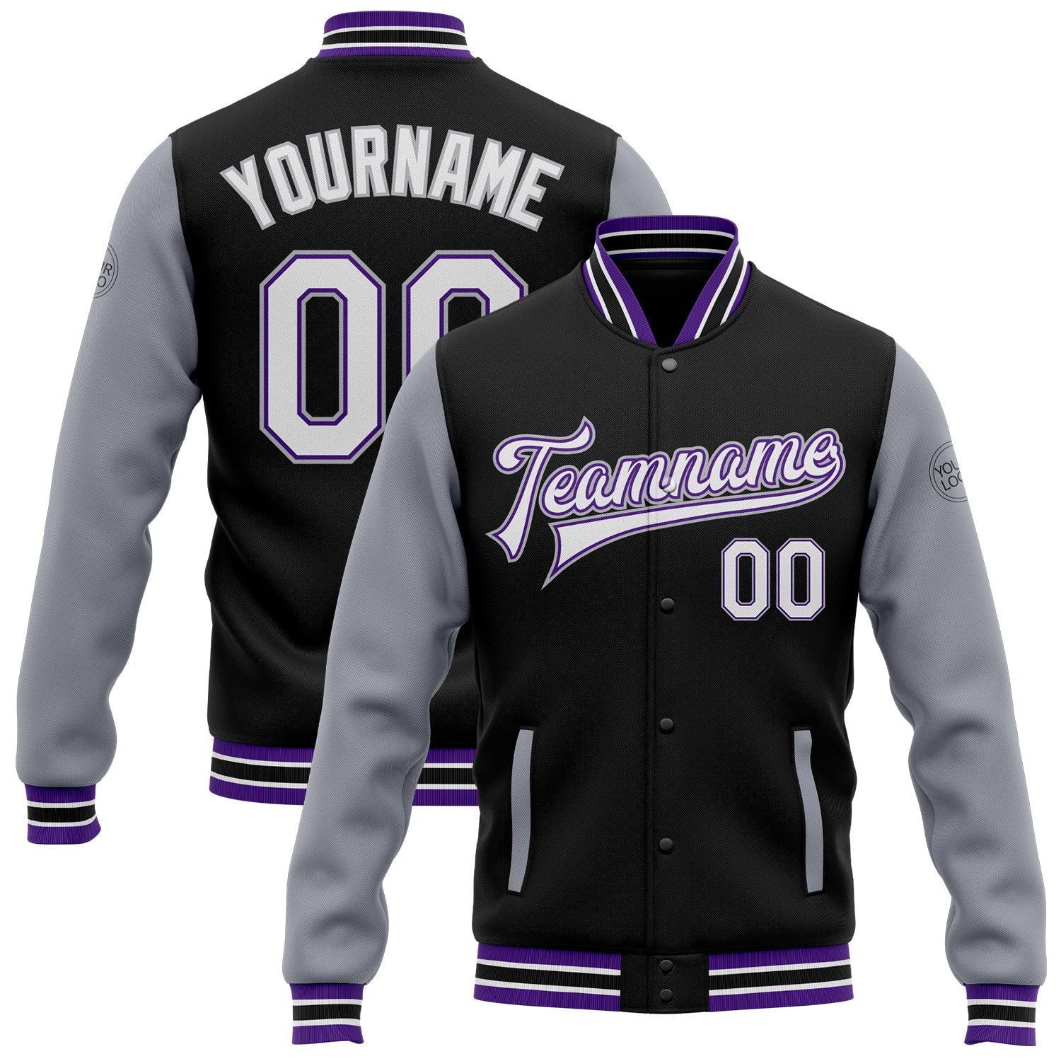 Custom Varsity Letterman Jacket - Personalized Two Tone Black White Purple-Gray Bomber with Name & Number Personalized Black
