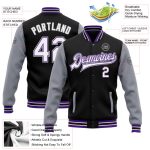Personalized Varsity Letterman Bomber Jacket Black White Purple-Gray Full-Snap Two Tone Design Personalized Black White Purple-Gray