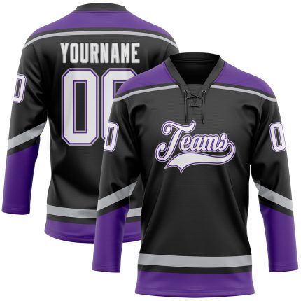 Personalized Hockey Lace Neck Jersey Black White Purple Gray for Men and Women Personalized Black White Purple-Gray Hockey