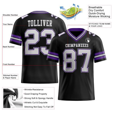 Custom Name and Number Personalized Black Purple Gray Mesh Football Jersey - Authentic Team Jersey Personalized Black White