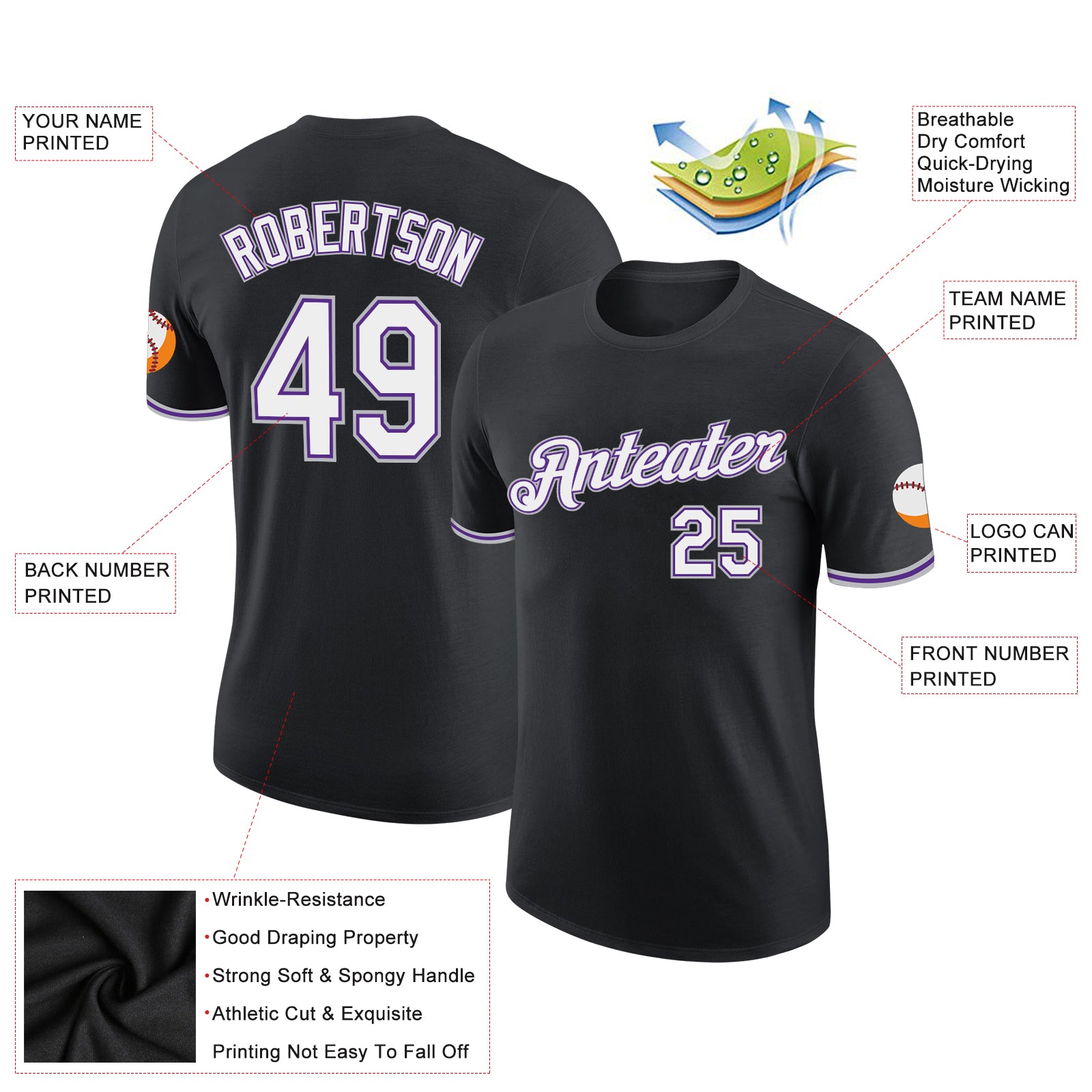 Personalized Performance T-Shirt in Black, White, Purple, and Gray Personalized Black White Purple-Gray Performance T-Shirt - Image 2