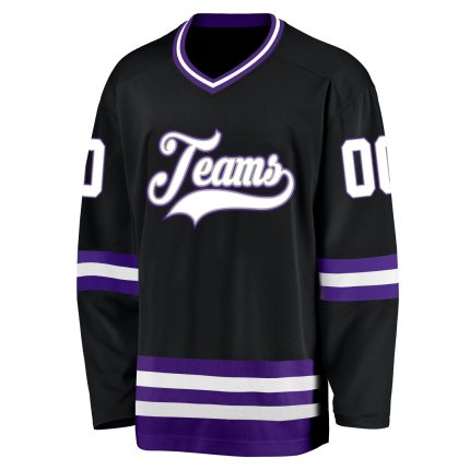Custom Personalized Hockey Jersey Black White Purple - Team Name & Number Personalized Black White-Purple Hockey Jersey Team