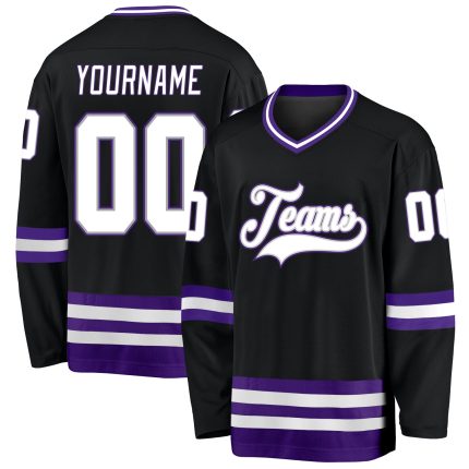 Custom Personalized Hockey Jersey Black White Purple - Team Name & Number Personalized Black White-Purple Hockey Jersey Team