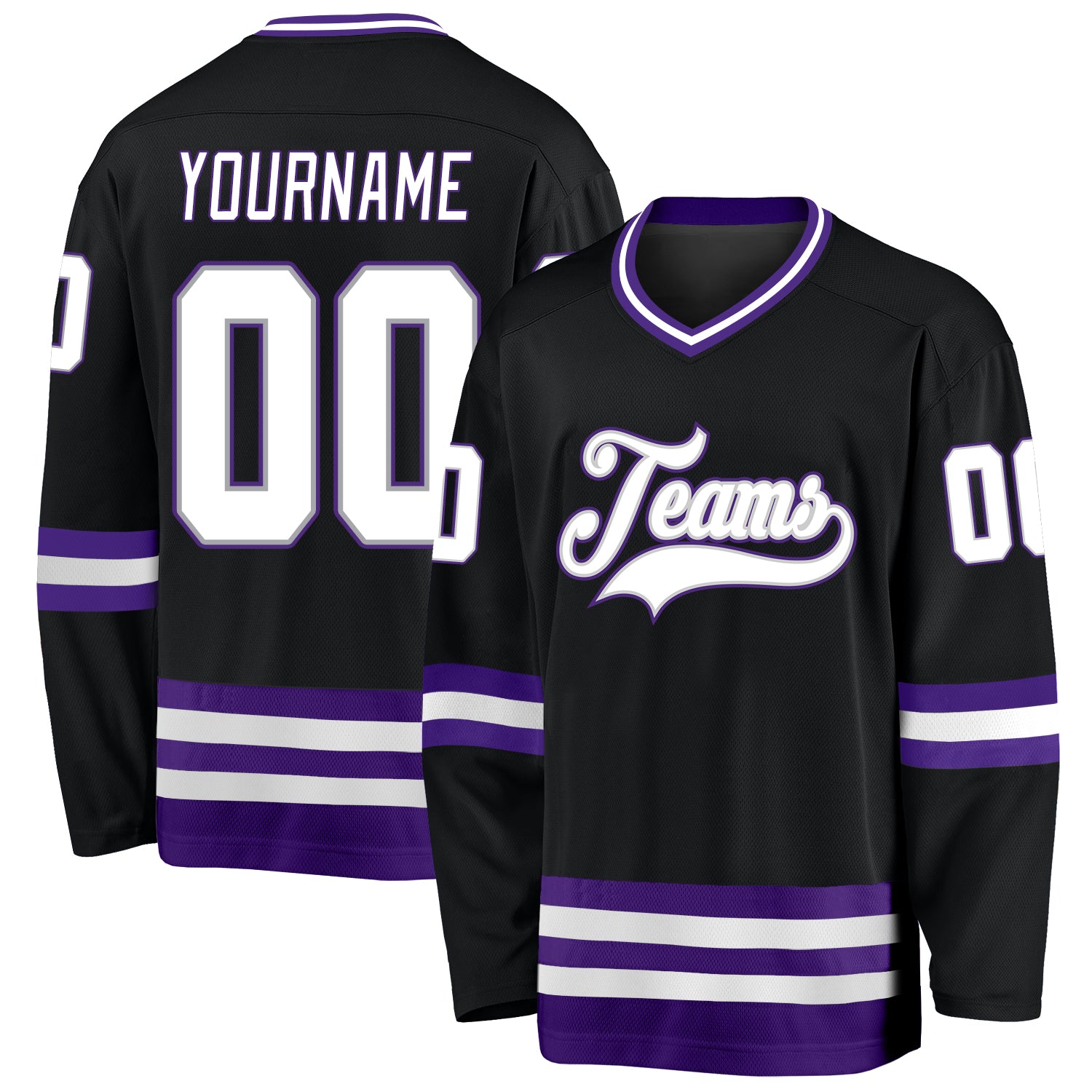 Custom Personalized Hockey Jersey Black White Purple - Team Name & Number Personalized Black White-Purple Hockey Jersey Team
