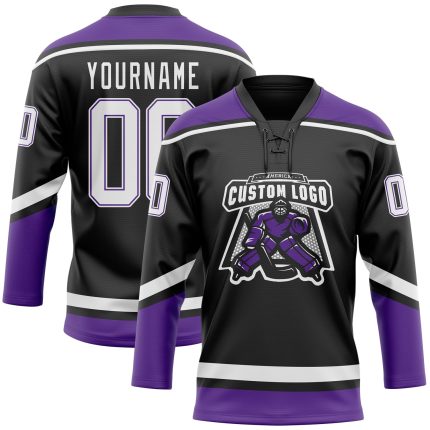 Custom Black White Purple Hockey Jersey with Lace Neck Design Personalized Black White-Purple Hockey Lace Neck Jersey
