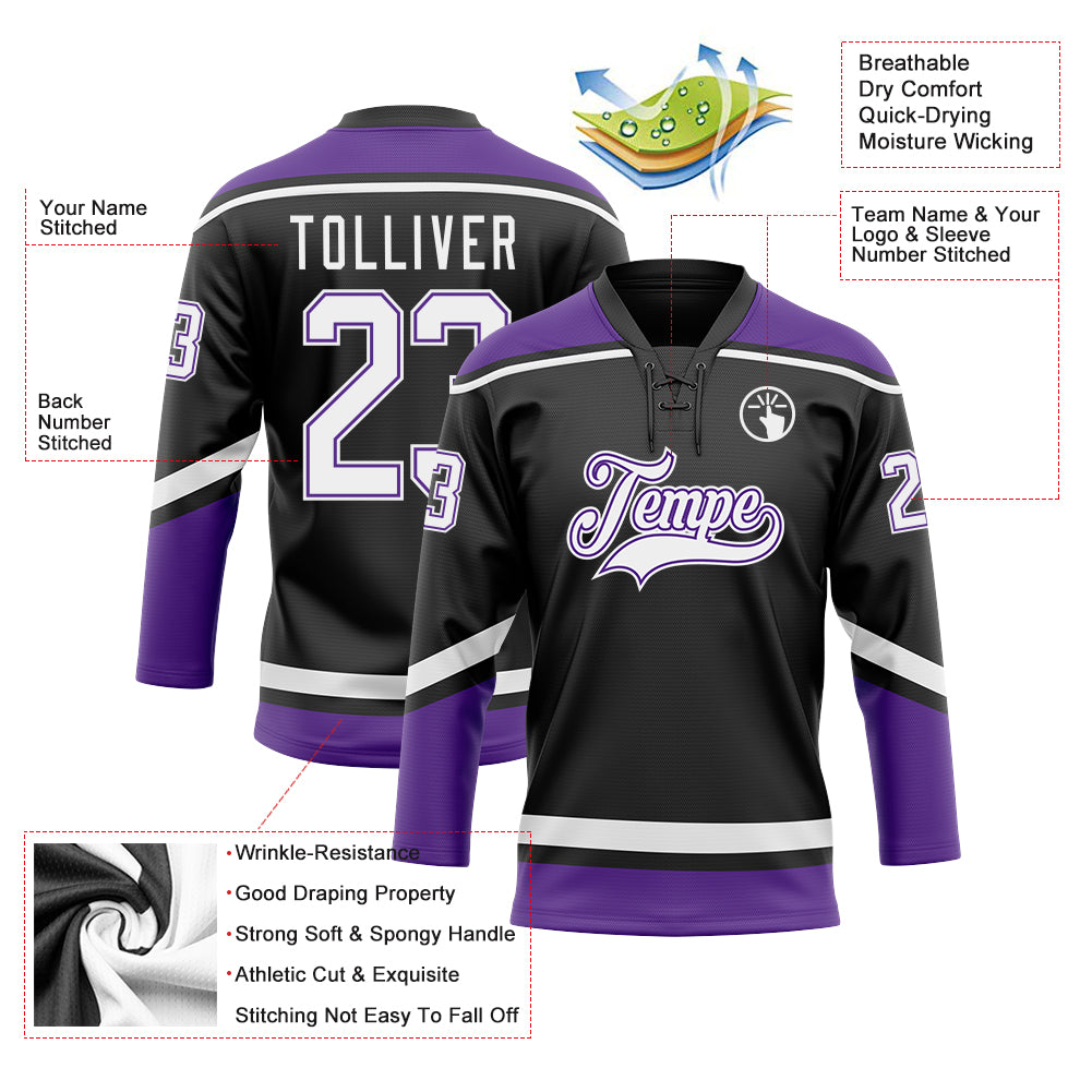 Custom Black White Purple Hockey Jersey with Lace Neck Design Personalized Black White-Purple Hockey Lace Neck Jersey - Image 3