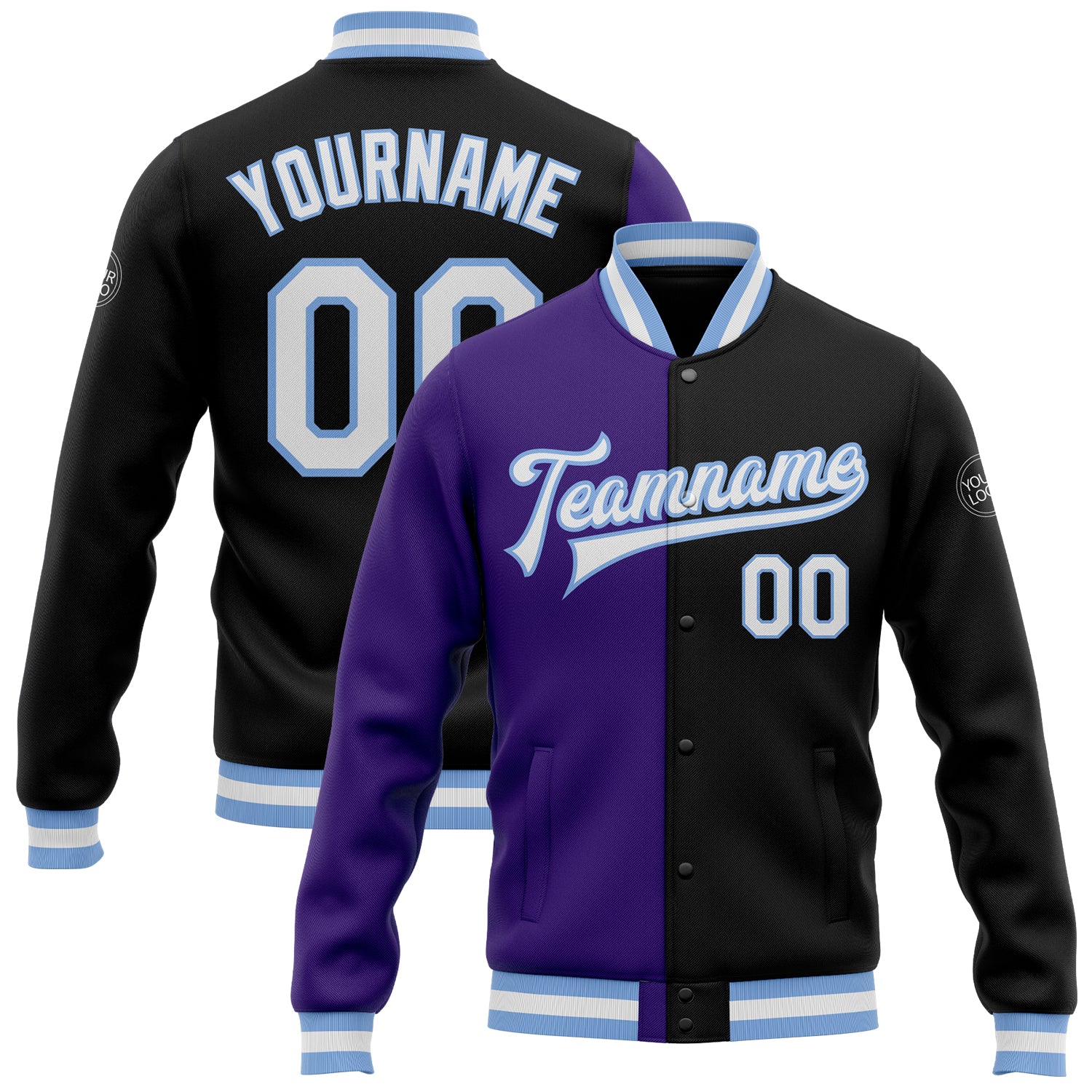 Personalized Black White Purple Light Blue Varsity Letterman Bomber Jacket Personalized Black White Purple-Light Blue Bomber