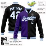 Personalized Varsity Letterman Jacket for Team Custom Name & Number - Black, White, Purple & Light Blue Bomber Full-Snap Fashion