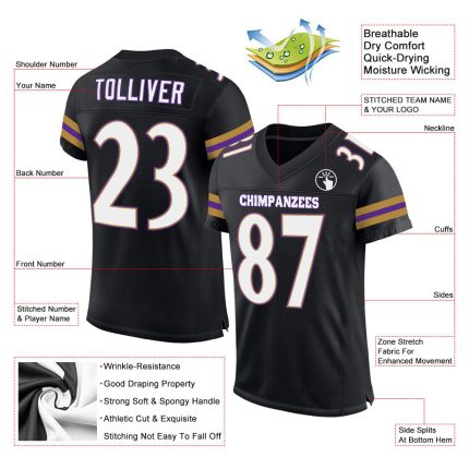 Personalized Football Jersey - Black White Purple Mesh, Customizable Design 2 Personalized Black White-Purple Mesh Football