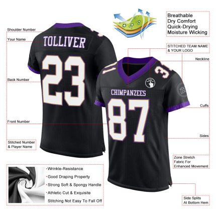 Custom Mesh Football Jersey Black White Purple Size 3 Personalized Black White-Purple Mesh Football Jersey 3