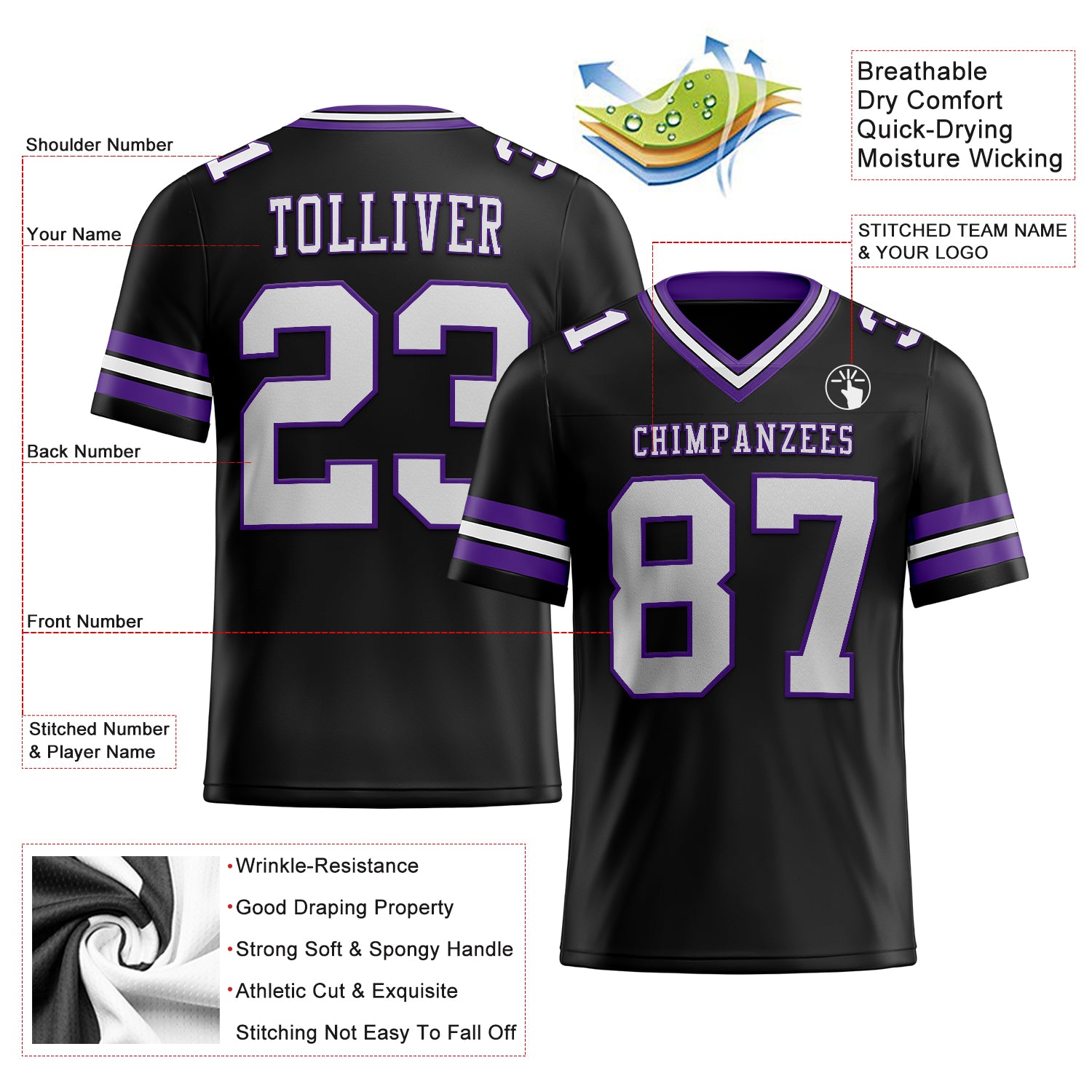 Custom Black White Purple Mesh Football Jersey - Personalized Sportswear 4 Personalized Black White-Purple Mesh Football - Image 2