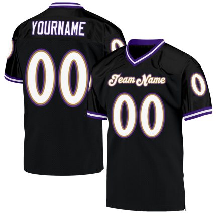 Personalized Throwback Football Jersey in Black, White, and Purple Mesh Personalized Black White-Purple Mesh Throwback Football