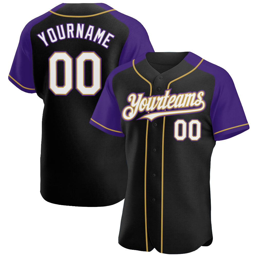 Personalized Black White Purple Gold Baseball Jersey with Raglan Sleeves Personalized Black White Purple-Old Gold Raglan