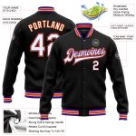 Personalized Varsity Letterman Jacket Black White Purple Orange Bomber Full-Snap Personalized Black White Purple-Orange Bomber