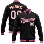Personalized Varsity Letterman Jacket Black White Purple Orange Bomber Full-Snap Personalized Black White Purple-Orange Bomber