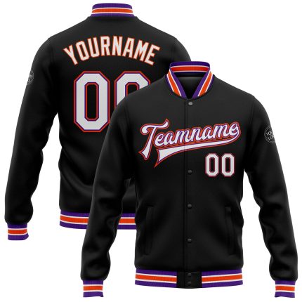 Personalized Varsity Letterman Jacket Black White Purple Orange Bomber Full-Snap Personalized Black White Purple-Orange Bomber