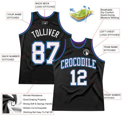 Personalized Basketball Jersey Black White Purple Teal Throwback Style Personalized Black White Purple-Teal Throwback Basketball