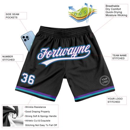 Personalized Black White Purple Teal Basketball Shorts - Throwback Style Personalized Black White Purple-Teal Throwback Basketball