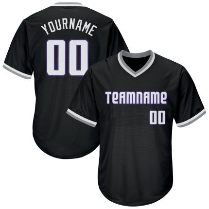 Personalized Black Purple Throwback Baseball Jersey Shirt - Rib-Knit Style Personalized Black White-Purple Throwback Rib-Knit