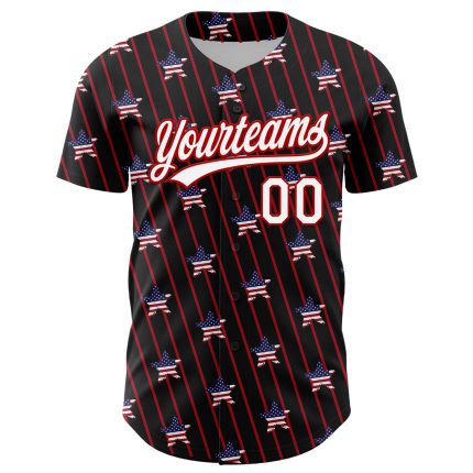 Custom American Flag Baseball Jersey - Personalized Black White Red 3D Stars with Team Name and Number Personalized Black