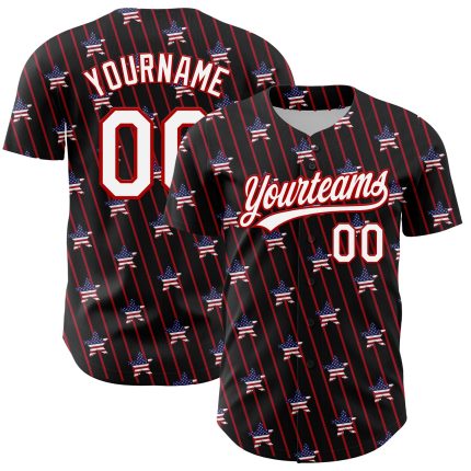 Custom American Flag Baseball Jersey - Personalized Black White Red 3D Stars with Team Name and Number Personalized Black