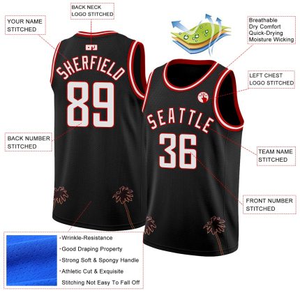 Personalized 3D Basketball Jersey with Black White-Red Hawaii Palm Trees Design Personalized Black White-Red 3D Hawaii Palm