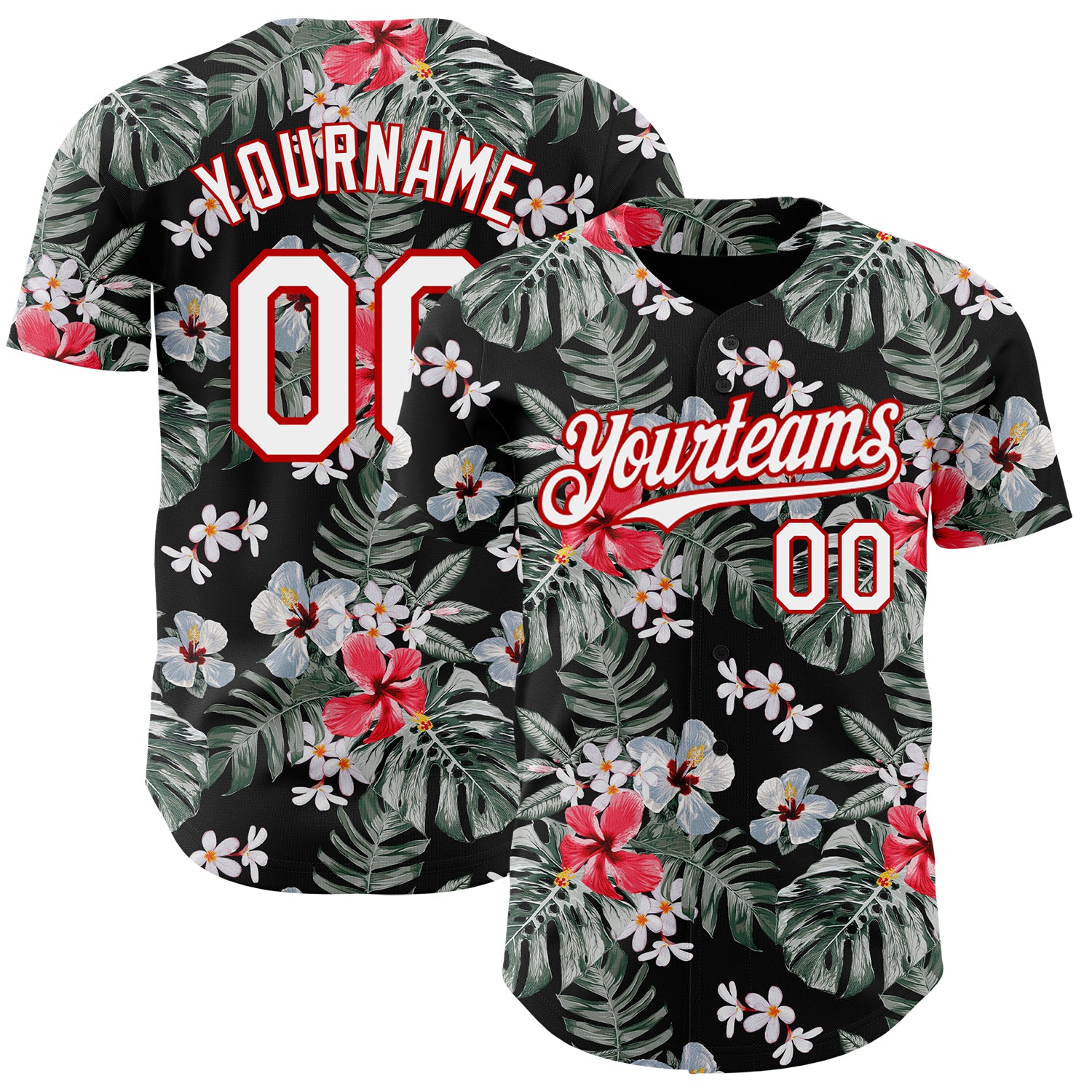 Custom Personalized Tropical Hawaii Plant Baseball Jersey - 3D Black White Red Design with Name and Number Personalized Black