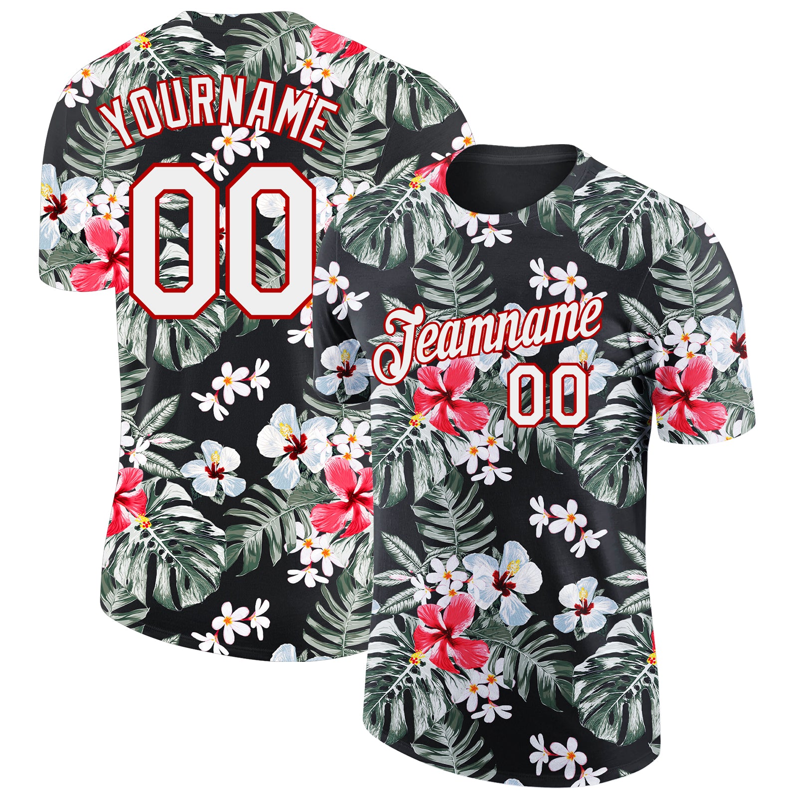 Custom Name & Number Tropical Hawaii Plant T-Shirt - Personalized 3D Black White-Red Design Performance Tee Personalized
